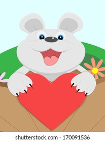 Cute Teddy bear with red heart. Vector illustration.
