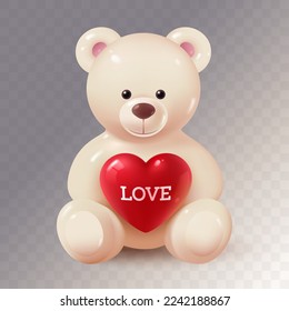 Cute teddy bear with a red heart - a symbol of love. Porcelain toy bear in 3d style isolated on transparent background. Traditional gift for Valentine's Day. Vector illustration.