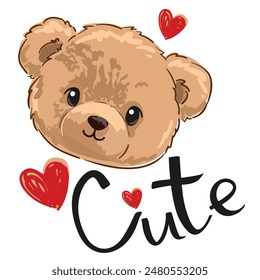 Cute Teddy Bear and red hearts vector illustration, Hand Drawn Cute print design for kids 