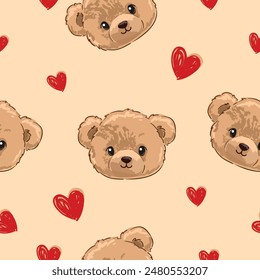 Lindo osito de peluche y patrón de corazones rojos sin fisuras, Ilustración vectorial dibujado a mano Lindo diseño de impresión para los niños 