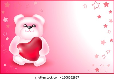 Cute Teddy Bear with  red Heart.Valentine`s day greeting card.Vector illustration.