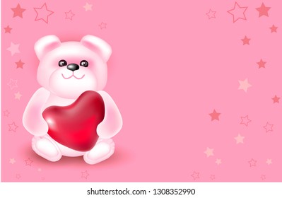 Cute Teddy Bear with  red Heart.Valentine`s day greeting card.Vector illustration.