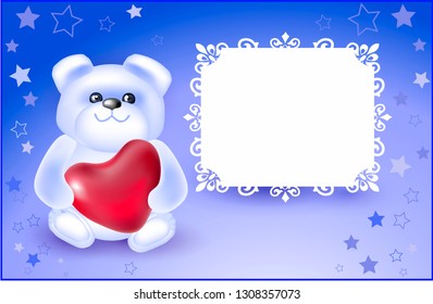 Cute Teddy Bear with  red Heart.Valentine`s day greeting card.Vector illustration.