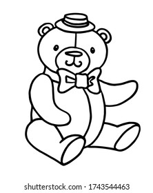 Cute teddy bear with ribbon bow and hat. Vector illustration in doodle style isolated on white background.Vector line art.