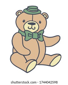 Cute teddy bear with ribbon bow and hat. Colorful vector illustration isolated on a white background.