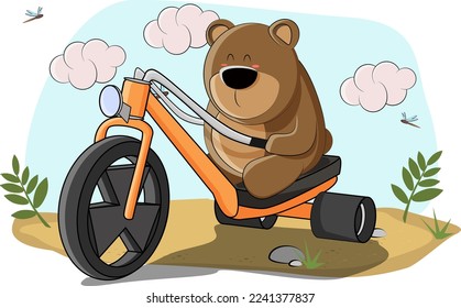 cute teddy bear rides a bike and admires the beauties