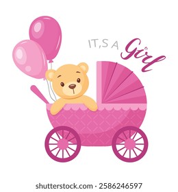 Cute teddy bear riding in a pink baby carriage with balloons and the phrase "It's a Girl." Perfect for gender reveal parties, baby showers, or social media posts. Vector illustration