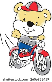 A cute teddy bear riding a red bicycle with a red cap and smiling