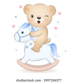 Cute Teddy Bear Riding Rocking Horse Hand Drawn Illustration