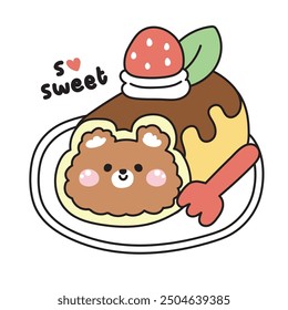 Lindo oso de peluche rollo de pastel de fresa sobre fondo blanco. Comida, dulce, postre, panadería dibujado a mano. Diseño de dibujos animados de personajes de animales salvajes. Kawaii. Vector. Ilustración.