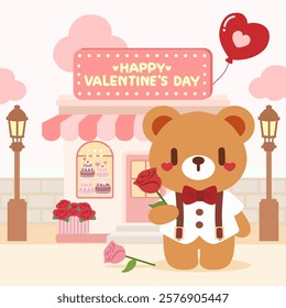 Cute Teddy Bear with Rose in Front of Valentine’s Day Shop. Adorable Bear Holding a Flower on Romantic Valentine’s Scene.