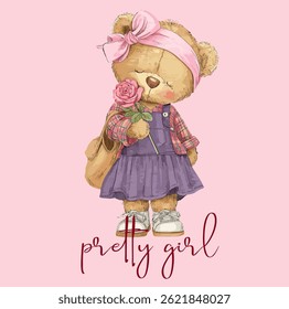 Urso de pelúcia bonito com Rose Vetor Ilustração.