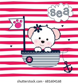 cute teddy bear in a sailboat, teddy bear cartoon, T-shirt graphics for kids vector illustration