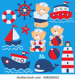 Cute teddy bear sailing nautical vector illustration. Summer, sea, vacation, holiday.