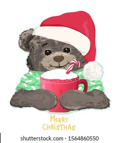 Cute teddy bear in Santa Claus hat holding a mug in his paws. Vector cartoon hand drawn illustration.