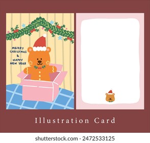 cute teddy bear Santa claus in the gift box, garland decoration, illustration Christmas card.