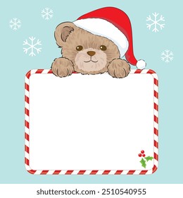 Cute Teddy Bear With Santa Hat, Blank Christmas Candy Cane Frame