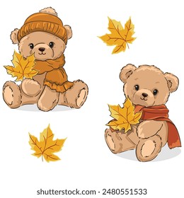 Cute Teddy Bear in a scarf autumn vector illustration, Hand Drawn Cute Print for baby, kids print design