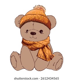Cute Teddy Bear in a scarf autumn vector illustration, Hand Drawn Cute Print for baby, kids print design