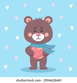 Cute teddy bear in a scarf holding a heart. Hearts around him. Valentine's Day. Greeting card.