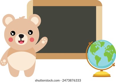 Cute teddy bear with school blackboard and globe

