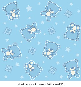 cute teddy bear seamless background with stars and alphabetical cubes, design for baby boy and children