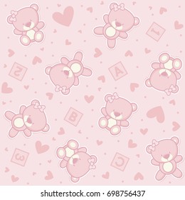 cute teddy bear seamless background with hearts and alphabetical cubes, design for baby girl and children