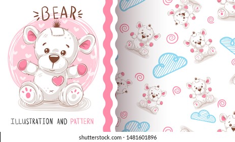 Cute teddy bear - seamless pattern. Hand draw