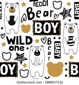 Cute teddy bear seamless pattern with wild one, teddy bear, boy, baby  hand drawn lettering on white background.