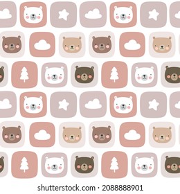Cute teddy bear seamless pattern, hand drawn forest background with cloud moon and star, vector illustration
