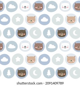 Cute teddy bear seamless pattern, hand drawn forest background with cloud moon and star, vector illustration