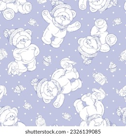 Cute teddy bear seamless pattern, hand drawn sketch vector illustration on blue background. Old toy for kids. Dressed teddy bear with honey jar, cupcake and tea cup.