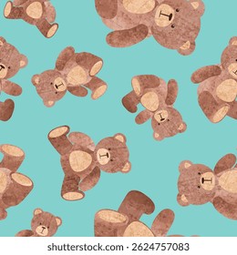 Cute teddy bear seamless pattern. Vector watercolor ilustration