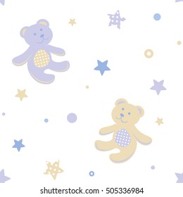 Cute Teddy bear seamless pattern. White background with pastel toys. Vector illustration.