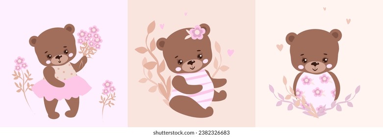 Cute teddy bear set. Baby bear collection. Poster, print, baby shower, greeting card.Vector illustration.Cute animals pattern. Birthday card; party, invitation. 