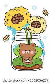 Cute teddy bear sit in glass jar with big sunflower.Butterfly.Water.Soil.Nature floral.Wild animal character cartoon design.Kawaii.Vector.Illustration.