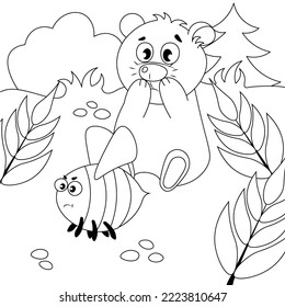 A cute teddy bear sits in a clearing with his nose stung by a bumblebee. Coloring book for children