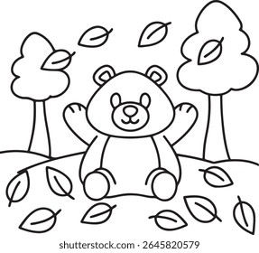 A cute teddy bear sits in a fall scene with trees and leaves scattered around. The simple line art is perfect for coloring pages and children's illustrations, isolated on white background.