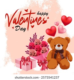 A cute teddy bear sits next to a bouquet of pink roses symbolizing love A pink gift box with a red ribbon and scattered red and pink hearts complete the festive Happy Valentine's Day scene