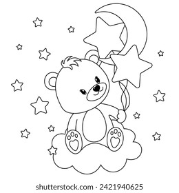 A cute teddy bear sits on a cloud with balloons in the shape of the moon and stars. Coloring page for children. Print it out and bring it to life with color. Happy Valentine's Day. Vector illustration