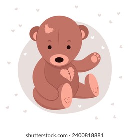 A cute teddy bear sits and waves its paw. Vector illustration.
