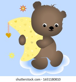 Cute Teddy Bear Sitting at Cloud & Holding Moon Pillow. Sweet Kids Background. Vector Illustration