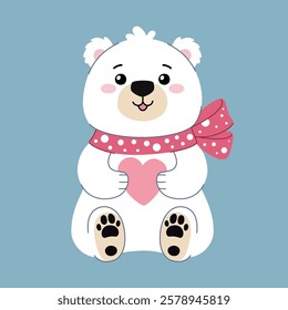 Cute teddy bear sitting with a heart in his paws, front view. Polar bear with a polka dot bow and a cute smiling face. Character for Valentine's Day, Birthday and other holidays. Blue background.