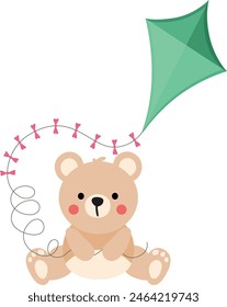 Cute teddy bear sitting holding a kite
