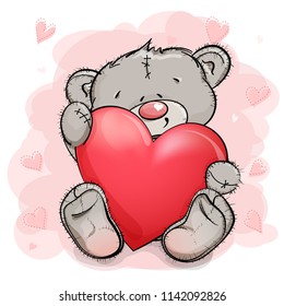 A cute Teddy bear is sitting and hugging a big red heart. Pink background.