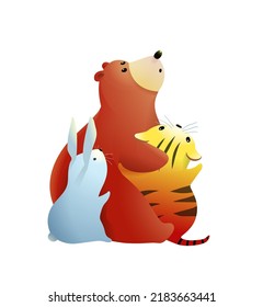 Cute Teddy Bear Sitting Hugging With Little Tiger And Bunny, Animals Friends Looking Up. Friendship Illustration For Children. Isolated Vector Clip Art.