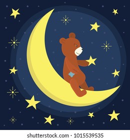 Cute teddy bear sitting on the moon. Good night card with stars. Vector illustration for children.