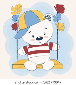 Cute Teddy bear sitting on a swing surrounded by flowers. Vector illustration, children's print card, can be used for t-shirt print, children wear fashion design