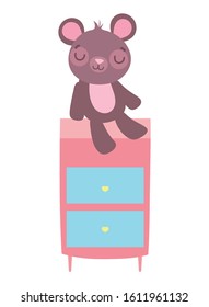 cute teddy bear sitting on drawers furniture on white background vector illustration