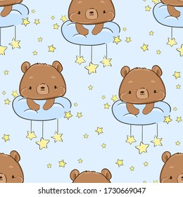 Cute Teddy Bear sitting on a cloud and stars Pattern Seamless. Vector Illustration. Print for pajamas Textile Design for Children